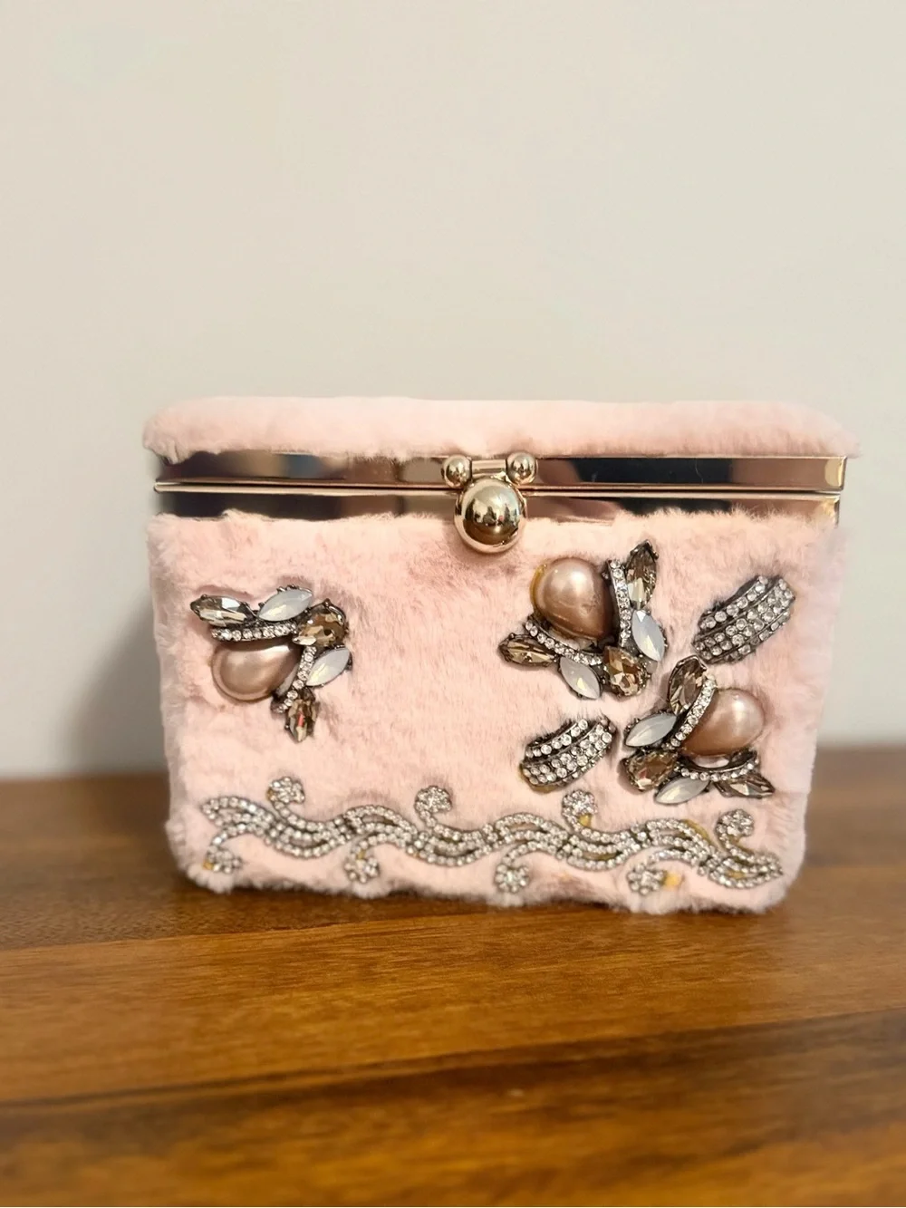 Embellished Pink Faux Fur Evening Clutch with Gold-Tone Frame